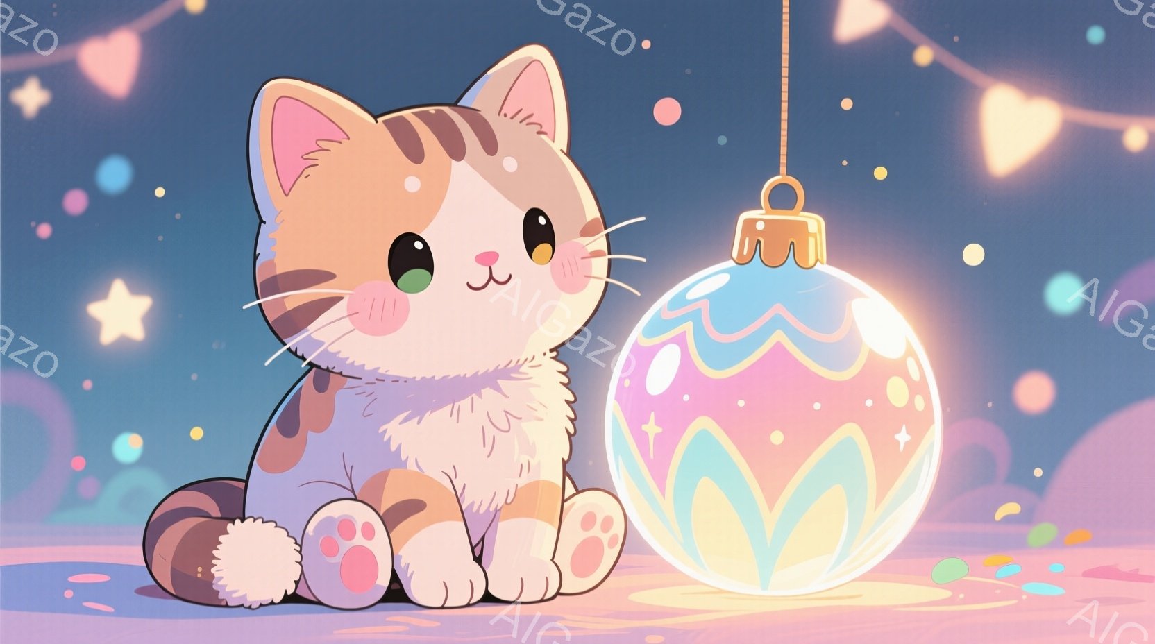 暖かく優しい雰囲気のイラストで、オレンジ、クリーム、茶色のまだら模様の可愛らしい子猫が描かれています。子猫は丸い姿で座っており、大きなパステルカラーのオーナメントの横に寄り添い、つぶらな瞳でこちらを見つめています。背景はパステルピンクと紫のグラデーションで、星やハート形の光が散りばめられ、幻想的な雰囲気を醸し出しています。