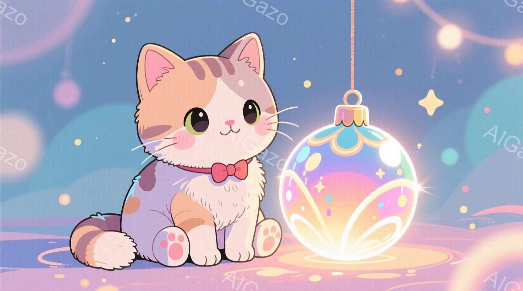 オレンジ、白、茶色のまだら模様の猫が座っており、赤いリボンと小さなベルの首輪をつけています。猫は大きな、虹色に輝くオーナメントの前に座り、丸い瞳で穏やかにこちらを見ています。背景は淡いピンクと紫のグラデーションで、星やキラキラした光が散りばめられ、夢のような雰囲気を作り出しています。