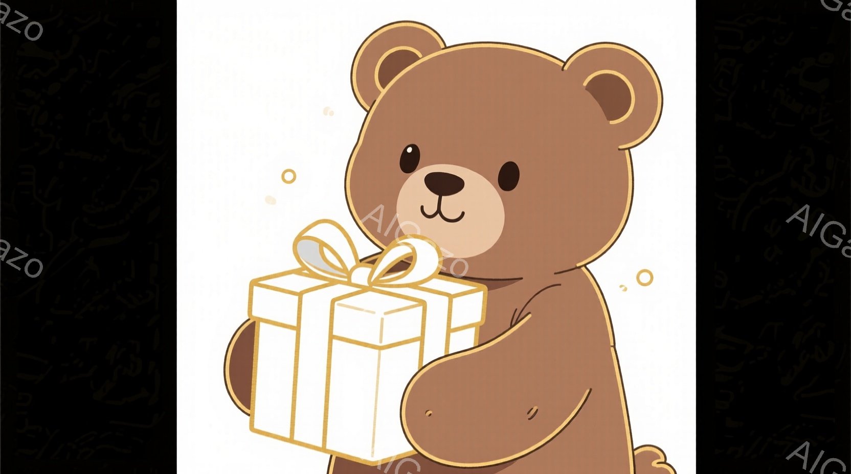 茶色のクマが白いリボンで結ばれたプレゼントを抱えています。クマは穏やかな表情で、優しい雰囲気です。背景は白く、クマとプレゼントが際立っています。 - AI生成フリー素材