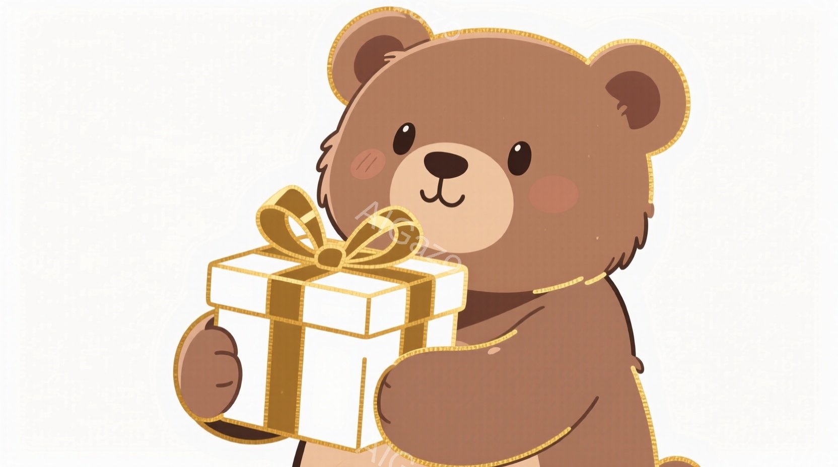 茶色のクマがプレゼントを抱えています。クマは丸い頬と愛らしい表情をしており、プレゼントは白い箱に金色のリボンが付いています。背景は薄いベージュ色で、全体的に温かく優しい雰囲気です。 - AI生成フリー素材