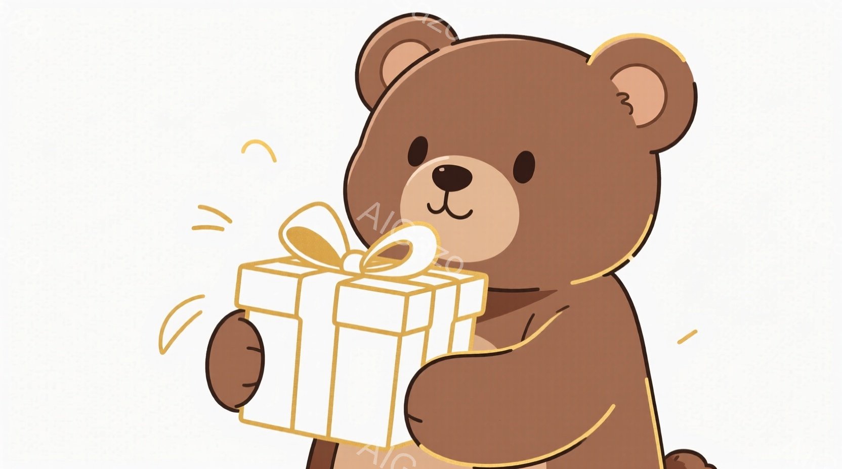 茶色のクマが白いリボンで結ばれた白いギフトボックスを抱えています。クマは穏やかな表情で、少し微笑んでいるように見えます。背景は白く、周囲に小さな金の輝きが散りばめられており、お祝いや贈り物という温かい - AI生成フリー素材