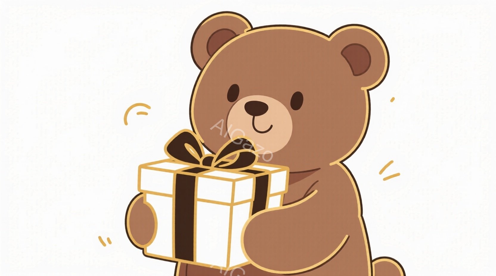 茶色のテディベアがプレゼントを抱えています。プレゼントは白い箱で、黒いリボンがついています。ベアは微笑んでおり、暖かく優しい雰囲気が漂っています。 - AI生成フリー素材