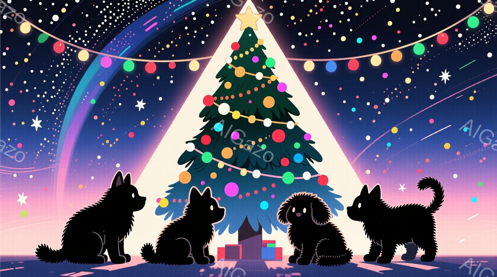 暗い背景にシルエットで描かれた4匹の犬が、クリスマスツリーの前に座っています。ツリーはカラフルなオーナメントで飾られ、下にはプレゼントボックスがあります。背景には、星や光の粒子が散りばめられ、温かく幻 - AI生成フリー素材