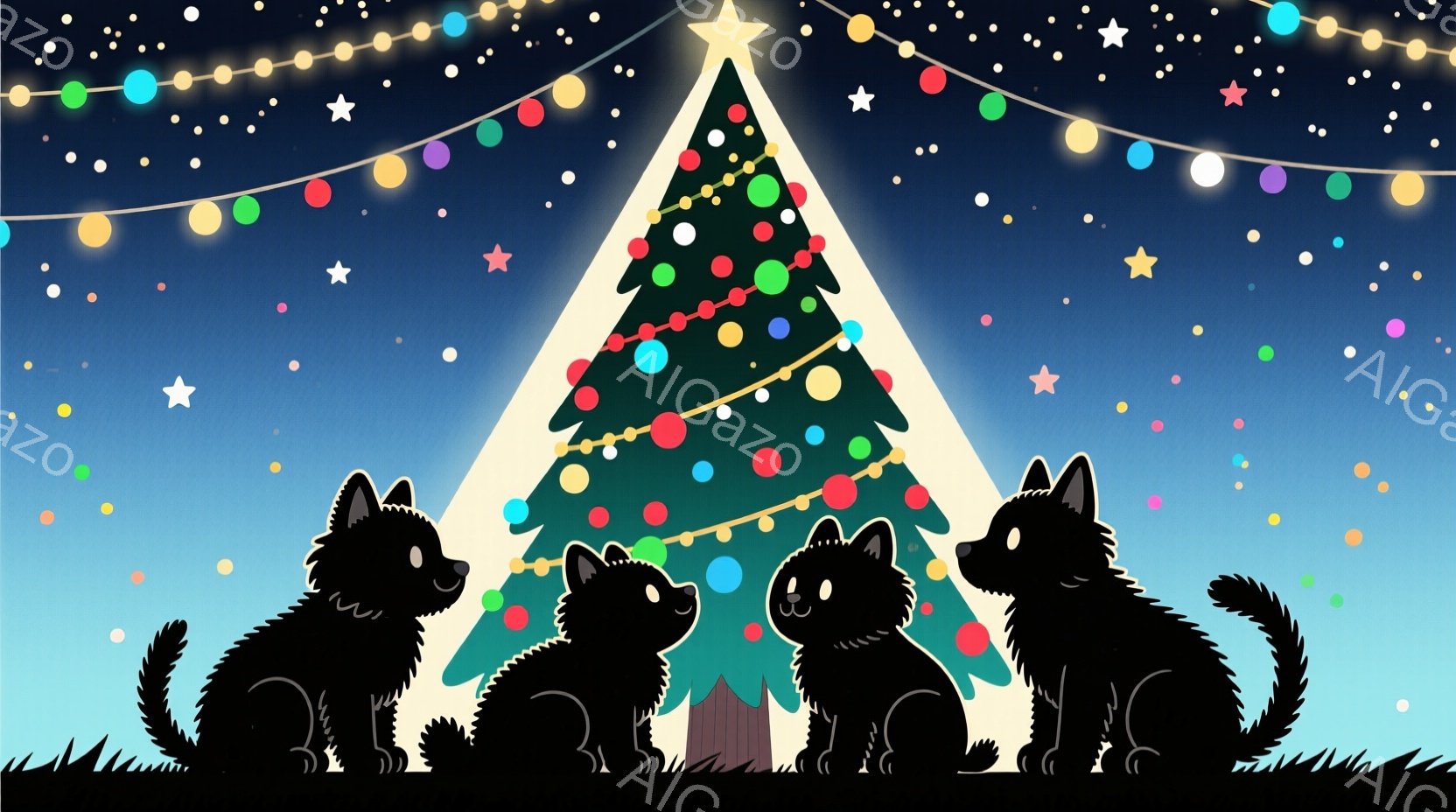 画面には、背景に緑色のクリスマスツリーと星が散りばめられた夜空が広がっています。黒い犬のような動物が三匹、ツリーに向かって座っており、中央の動物は少し顔を上げており、全体的に穏やかで幻想的な雰囲気です - AI生成フリー素材