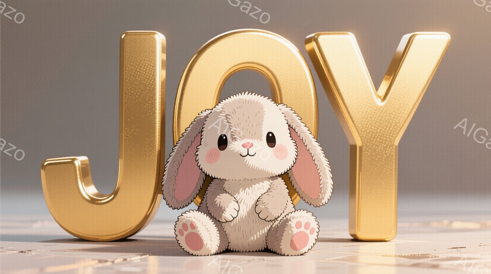 ふわふわの白い子ウサギが、ピンクの耳と肉球が可愛らしい姿で座っています。背景には金色の大きな文字「JOY」が配置され、滑らかな質感の薄いピンク色の床の上に置かれています。全体的に暖かく、可愛らしい雰囲気が漂い、喜びや幸福感を表現しているように見えます。