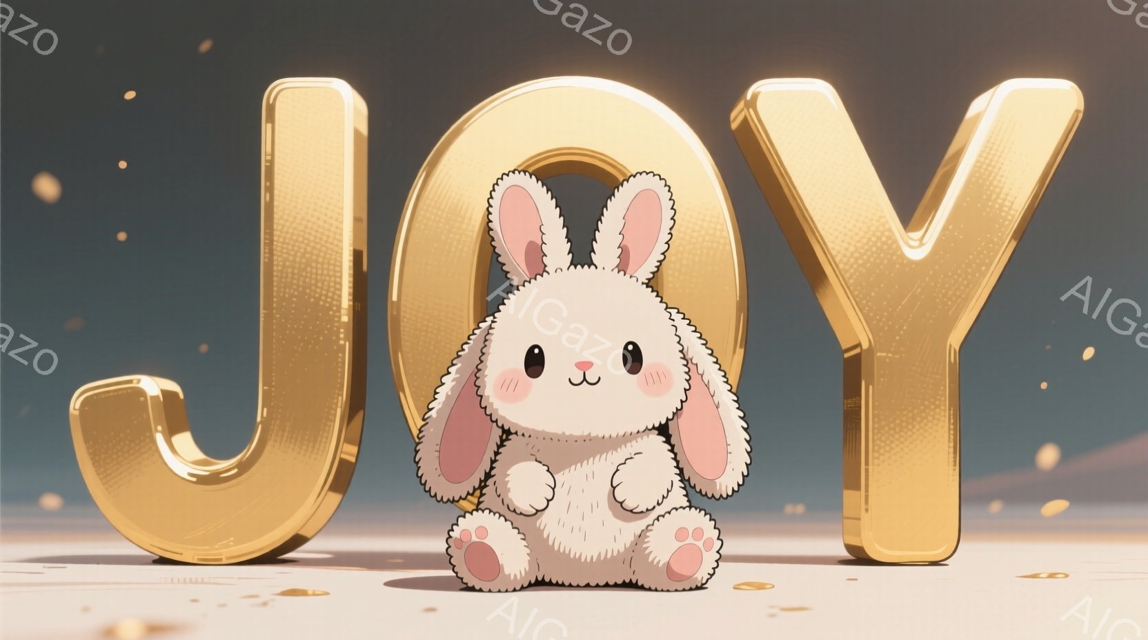 白いふわふわのウサギが、金色の巨大な「JOY」の文字の前に座っています。ウサギはピンク色の内耳と足裏を持ち、つぶらな瞳と穏やかな微笑みを浮かべています。背景は淡い茶色の地面と、ぼんやりとした光の粒子で満たされた空で、全体的に温かく、夢幻的な雰囲気を醸し出しています。