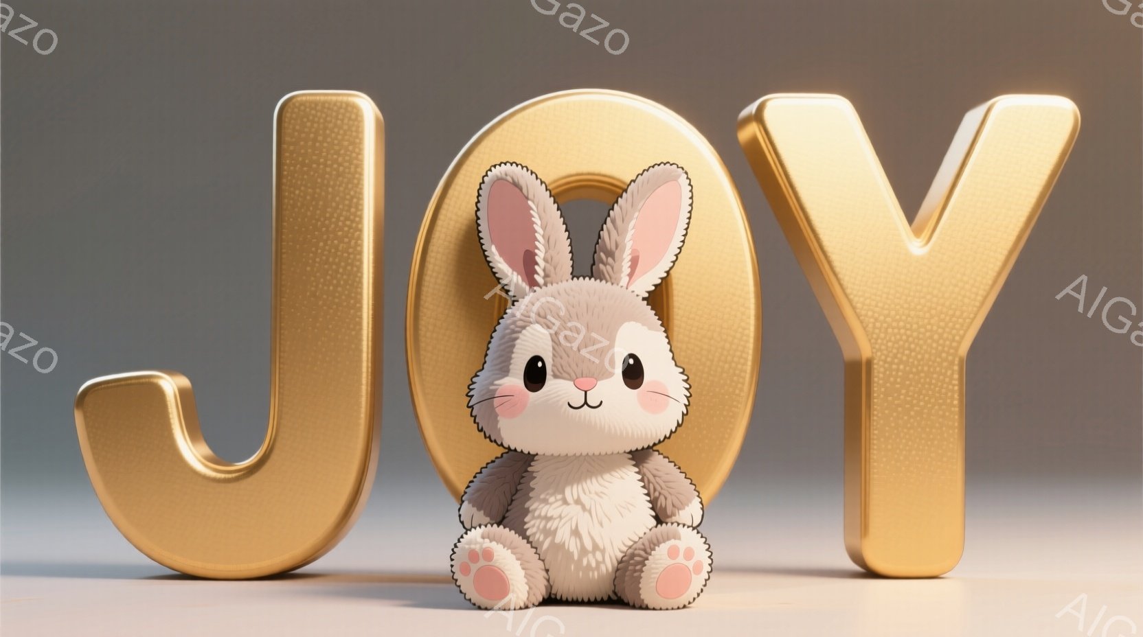 鮮やかな背景に、可愛らしい子ウサギが座っています。つぶらな瞳とピンクの鼻、そしてほほえましい表情が印象的です。背景には金色の大きな「J」と「O」の文字が配置され、全体的に暖かく、愛らしい雰囲気を醸し出しています。