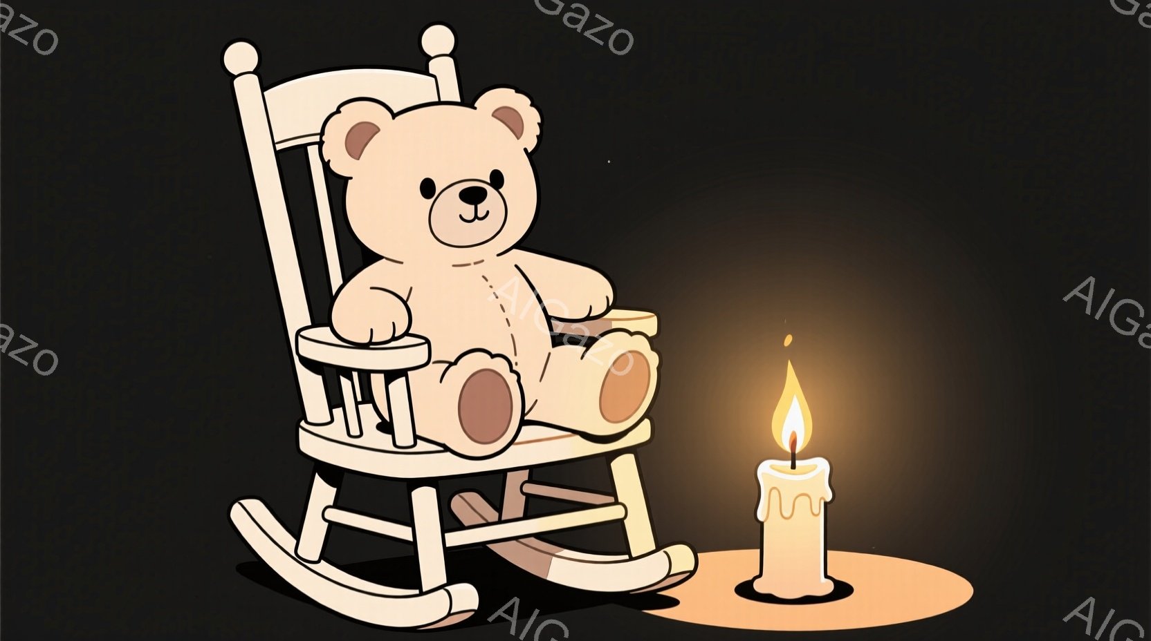 優しいベージュ色のテディベアがロッキングチェアに座っており、穏やかな表情をしています。キャンドルが近くに置かれ、暖かいオレンジ色の光がテディベアと椅子を照らし出しています。背景は暗く、キャンドルの光が主な光源となって、静かで落ち着いた雰囲気を醸し出しています。