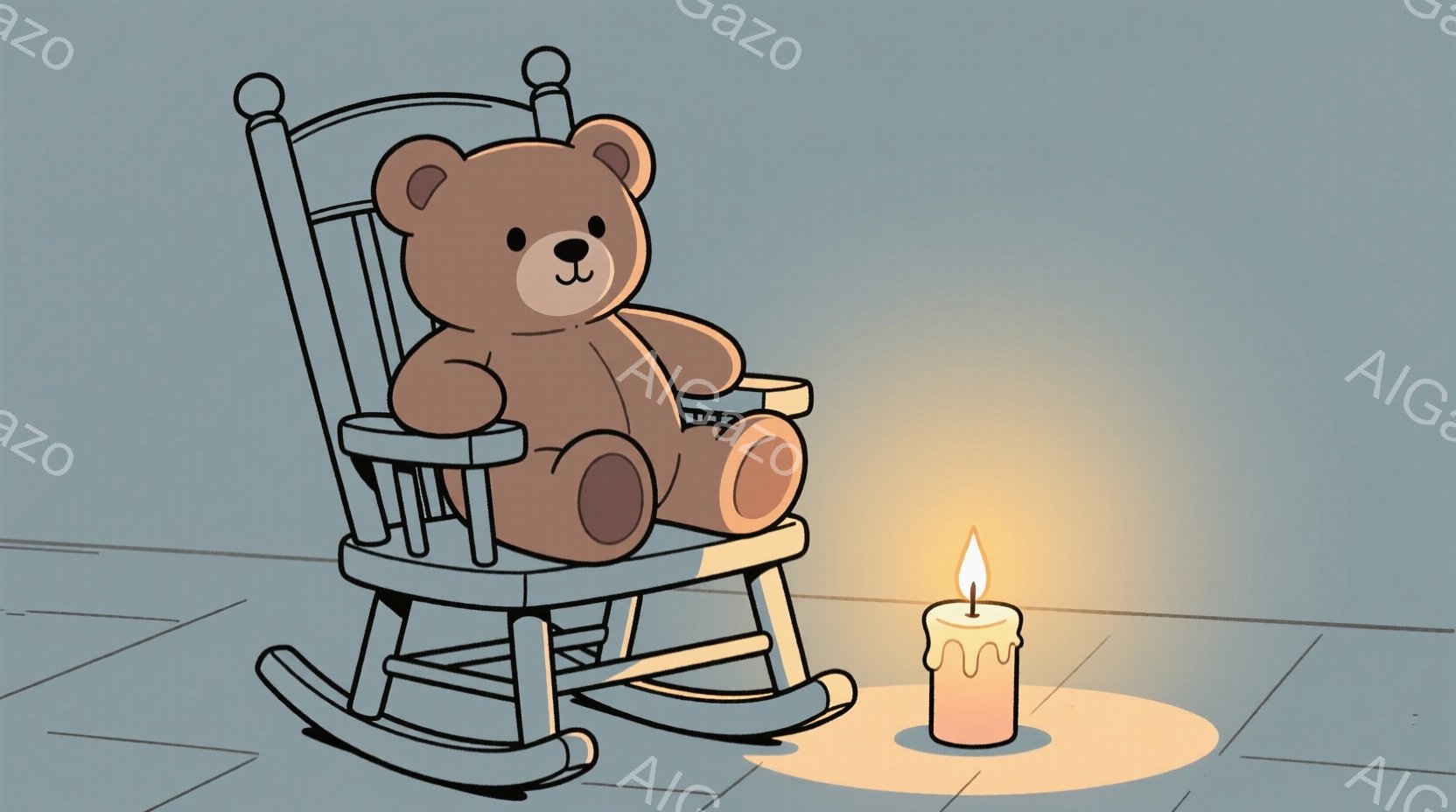 暖炉のそばのロッキングチェアに座る、茶色のテディベアが描かれています。ベアはゆったりとした姿勢で、穏やかな雰囲気を醸し出しています。背景はシンプルで薄いグレーの床で、明るいキャンドルの光がベアと椅子を - AI生成フリー素材