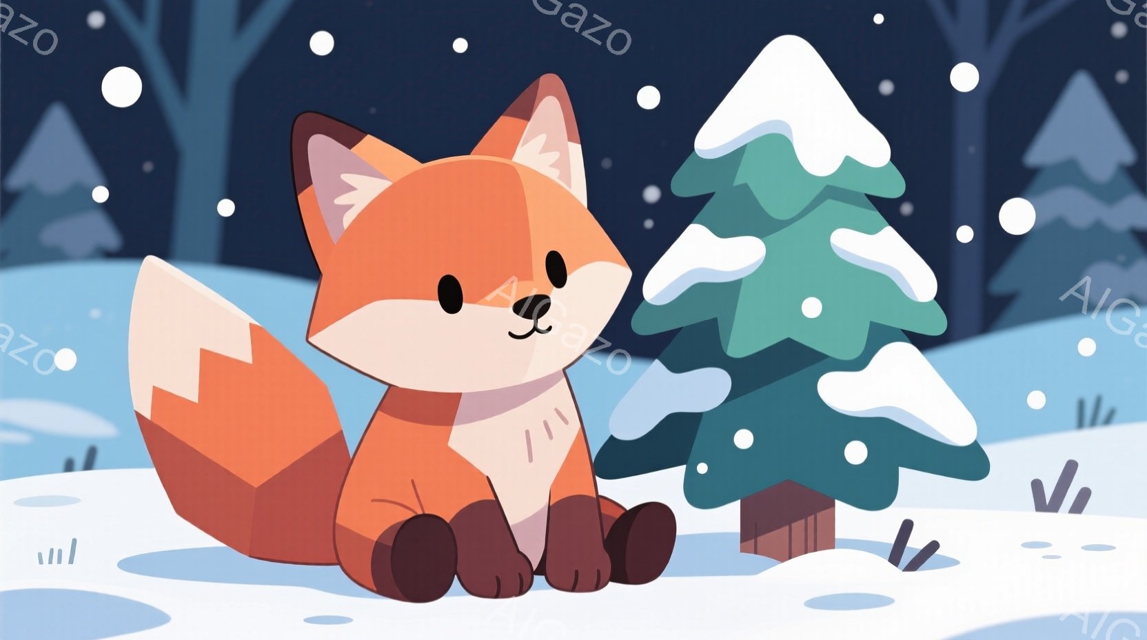 オレンジ色のキツネが雪の上に座っており、白い胸毛とふさふさとした尾が特徴的です。背景には、雪をかぶった緑の針葉樹と、雪が舞う冬の風景が広がっています。全体的に暖かく、可愛らしい雰囲気で、冬の静けさを表現しています。