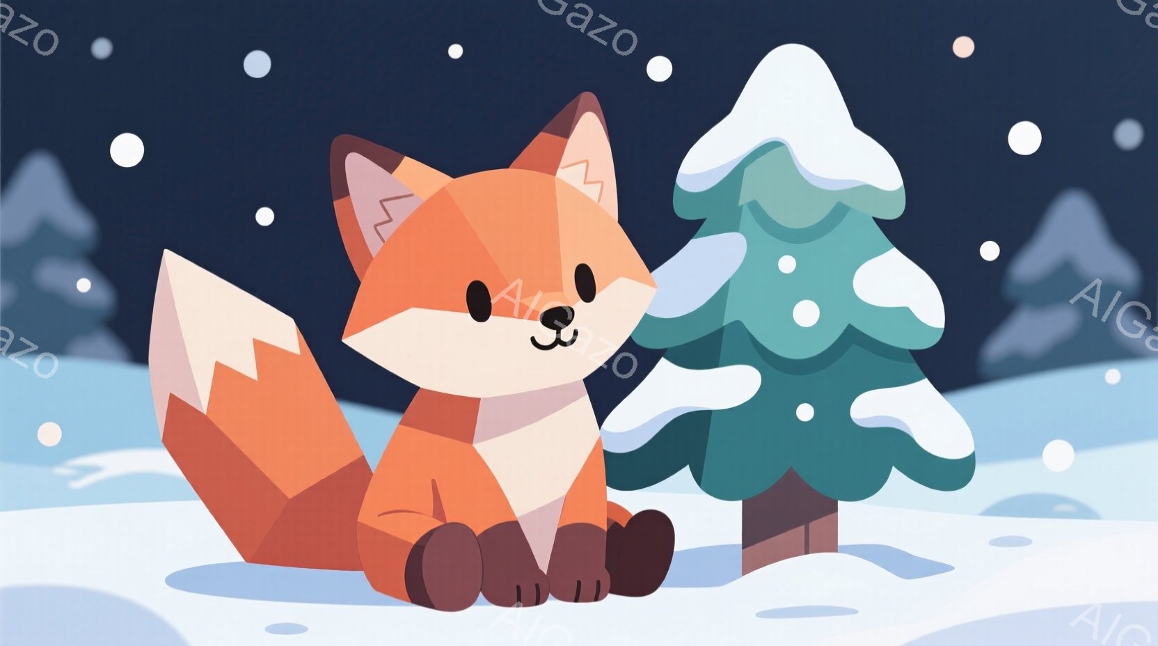 オレンジ色のキツネが雪の上に座っており、茶色のブーツとスカーフを身に着けています。キツネは穏やかな表情で、少し微笑んでいるように見えます。背景には雪に覆われた松の木があり、雪片が舞う冬の風景を表しています。