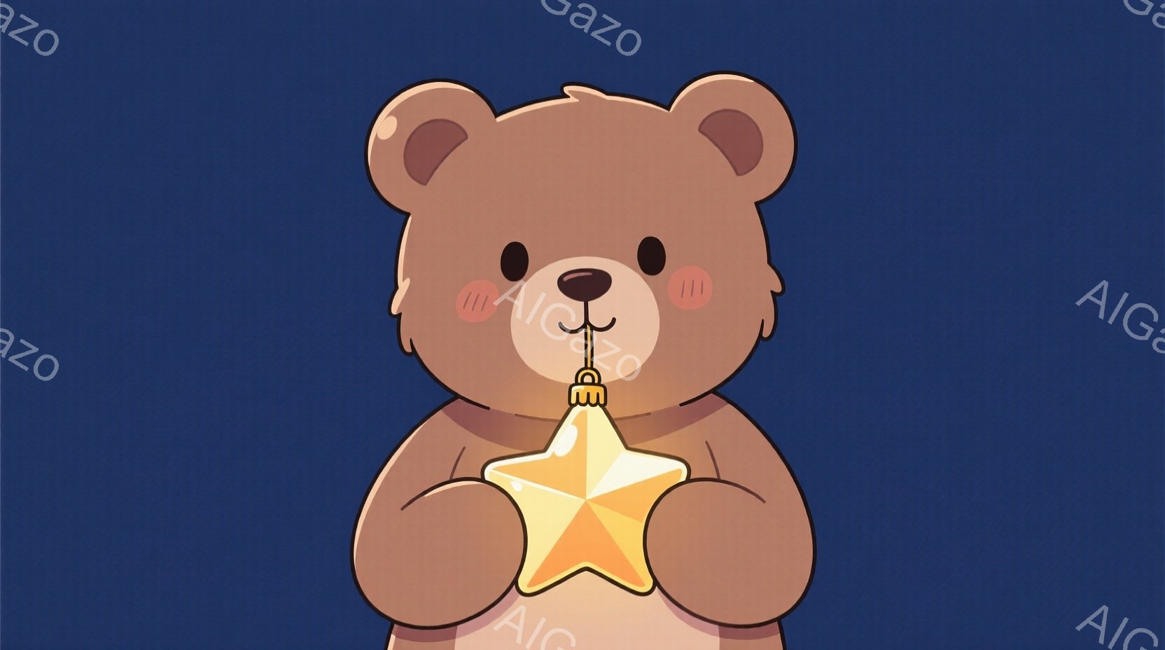 茶色のテディベアが、両手で明るいオレンジ色の星型のおもちゃを抱きかかえています。ベアは丸みを帯びた体つきで、頬はほんのり赤く、愛らしい表情をしています。背景は濃い青色で、シンプルながらもベアの温かみを - AI生成フリー素材