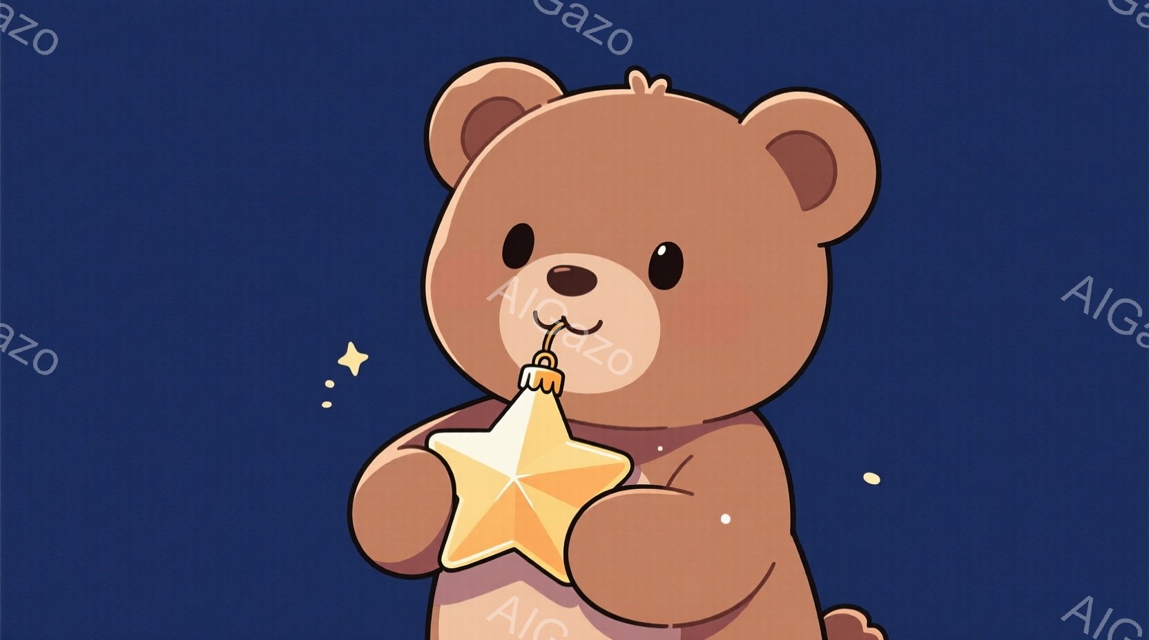 濃い茶色のテディベアが、両手で光り輝く金色の星の形をしたものを抱きしめています。ベアは丸い顔をしており、可愛らしい表情で、まるで宝物を持っているかのように見えます。背景は濃い青色で、星がいくつか散らばっており、温かく幻想的な雰囲気を醸し出しています。