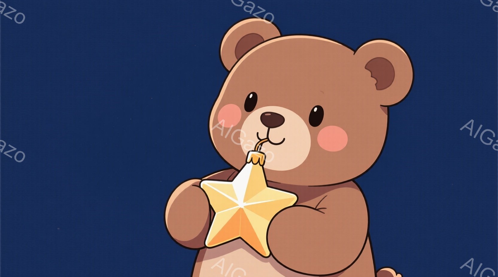 茶色のふわふわしたクマが、金色の星を両手で抱きしめています。クマは丸い頬を赤く染め、可愛らしい表情をしています。背景は濃い青色で、クマが際立っています。