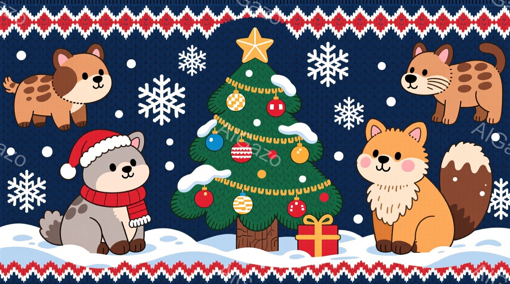 かわいい子鹿がクリスマスのオーナメントから顔を出しています。ふわふわの白い胸元と、大きな丸い瞳が特徴で、幸せそうな笑顔を浮かべています。背景は暗い青色で、小さな星や光の粒子が散りばめられ、幻想的な雰囲気を醸し出しています。