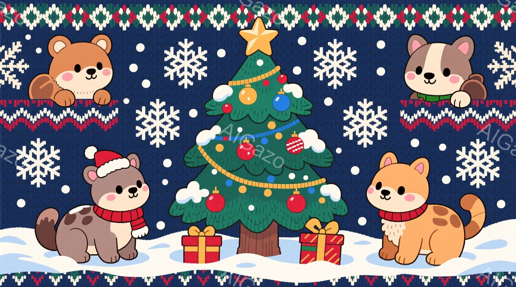 紺色の背景に、様々な動物たちがクリスマスツリーの周りに集まっています。動物たちはそれぞれ赤いマフラーやサンタ帽子を身に着けており、楽しげな表情をしています。雪が舞い、プレゼントがツリーの下に置かれてい - AI生成フリー素材