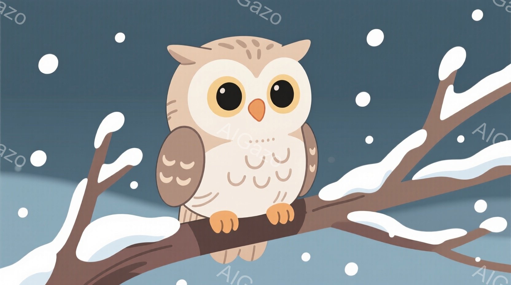 これは座っている茶色のクマのイラストです。雪が降る白い地面に座り、穏やかな表情をしています。背景は暗いグレーで、雪片が舞っている様子が表現され、冬の静かな雰囲気を醸し出しています。 - AI生成フリー素材