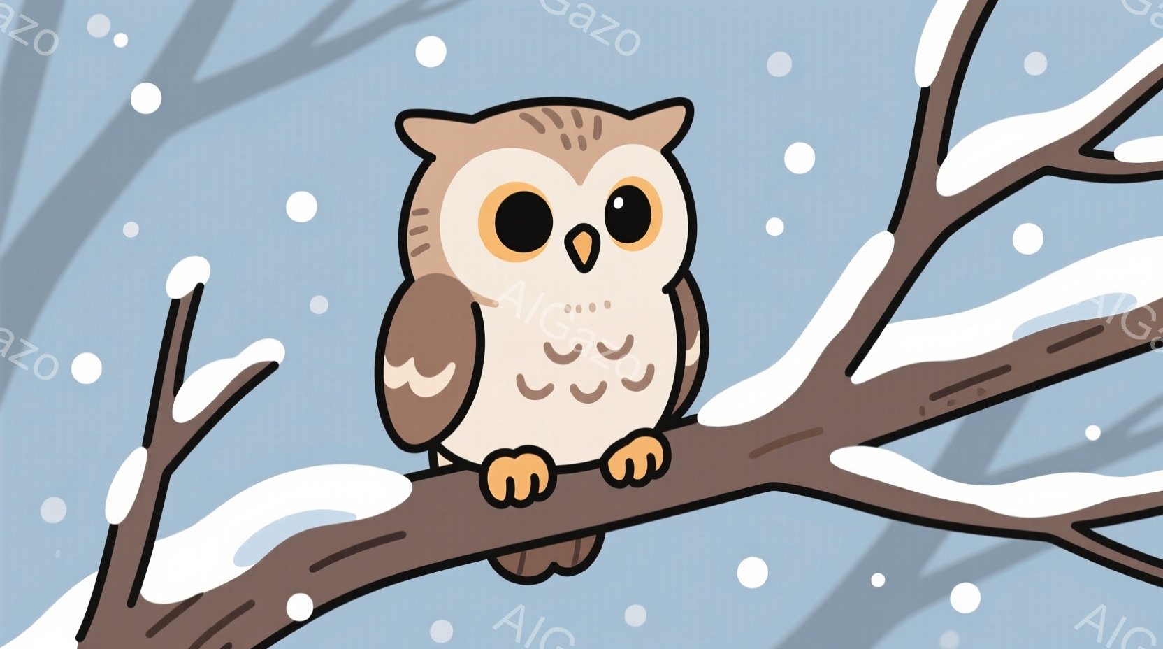 白い雪が降る中で、かわいらしいフクロウが木の枝にとまっています。フクロウは丸い目と小さなクチバシを持ち、ふわふわとした茶色の羽を持っています。背景は淡い青色で、雪の降る冬の静かな雰囲気が漂っています。 - AI生成フリー素材