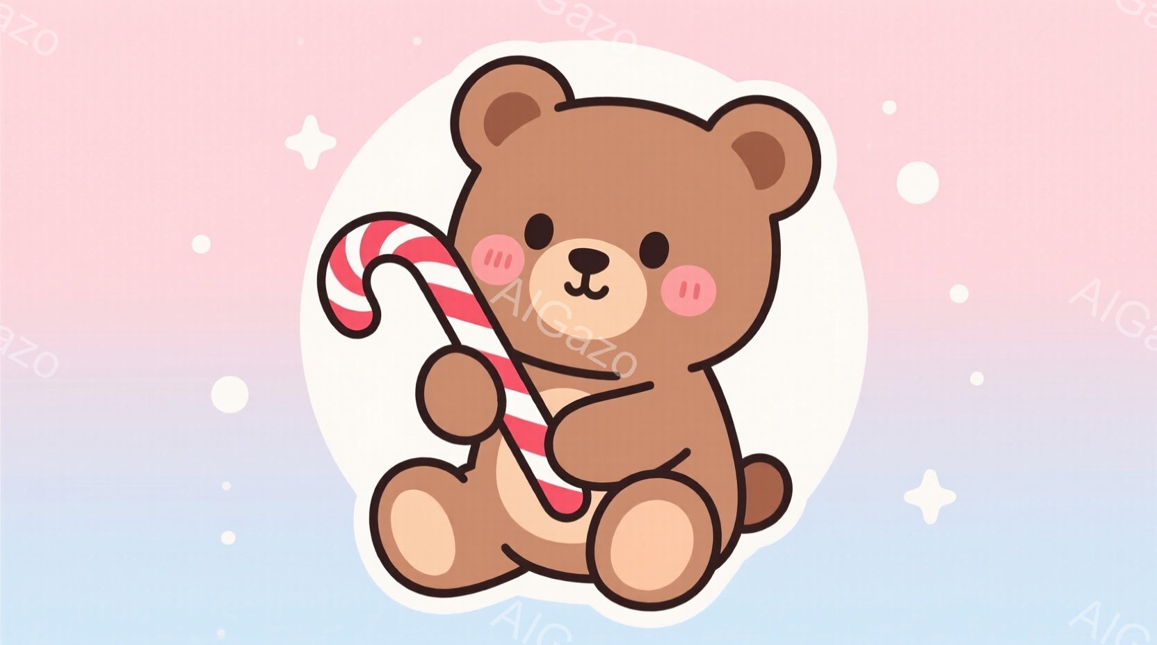 暖かく優しい茶色のクマが、ピンクと水色のグラデーションの背景に描かれています。クマは片方の手で赤いキャンディケーンを持って座っており、つぶらな瞳とふっくらとした頬が愛らしい表情をしています。背景には白く小さな星のようなものが散りばめられ、全体的に柔らかく可愛らしい雰囲気を醸し出しています。