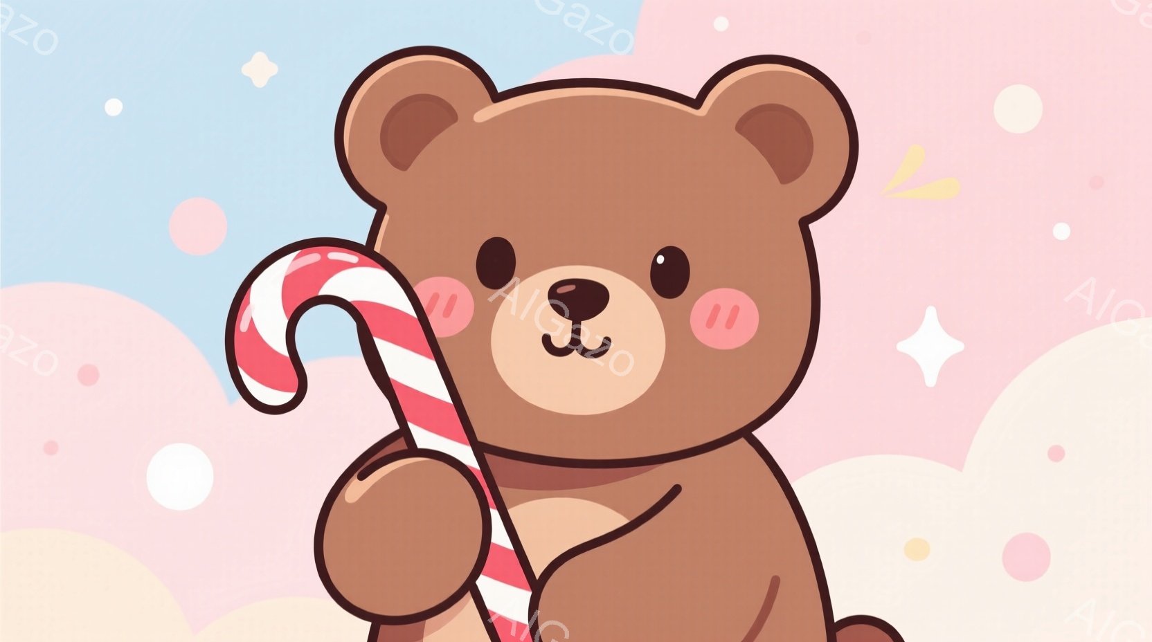 茶色のクマがキャンディケーンを抱えています。クマは丸みを帯びたフォルムで、頬は赤く、愛らしい表情をしています。背景は淡いピンクと水色のパステルカラーで、キラキラした星のような装飾が散りばめられており、 - AI生成フリー素材