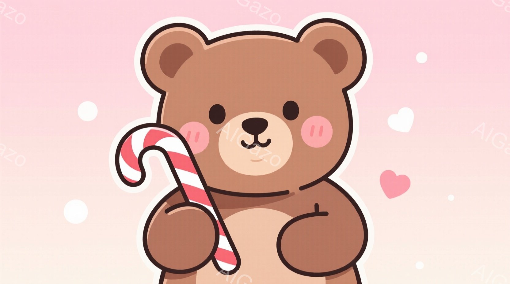 温かい茶色のクマがキャンディケーンを抱えています。クマは丸みを帯びた体型で、つぶらな瞳とわずかな笑顔が愛らしい印象を与えます。背景は淡いピンク色で、白いハートが散りばめられており、全体的に可愛らしく、 - AI生成フリー素材