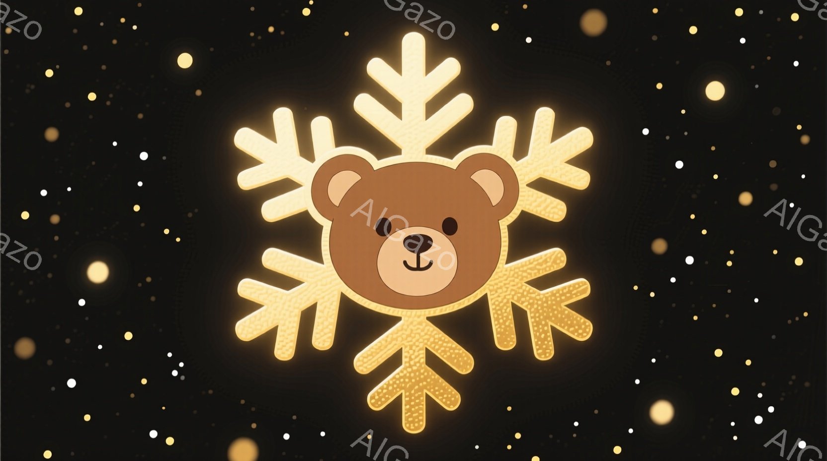 暖色系の背景に、キラキラと光る金色の雪の結晶が描かれています。雪の結晶の中心には、茶色の愛らしいクマの顔が配置されており、つぶらな瞳と小さな鼻で可愛らしさを演出しています。全体的に温かく、幻想的な雰囲気が漂っています。