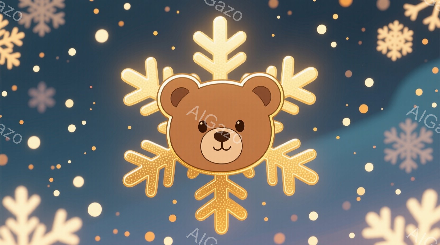 きらめく金色の雪の結晶の中に、かわいらしい茶色のクマの顔が描かれています。クマは愛らしい表情で、丸い鼻と小さな黒い目が特徴です。背景は青みがかった暗い色で、様々な大きさの白い光の粒子と金色の雪の結晶が散りばめられ、冬の幻想的な雰囲気を醸し出しています。