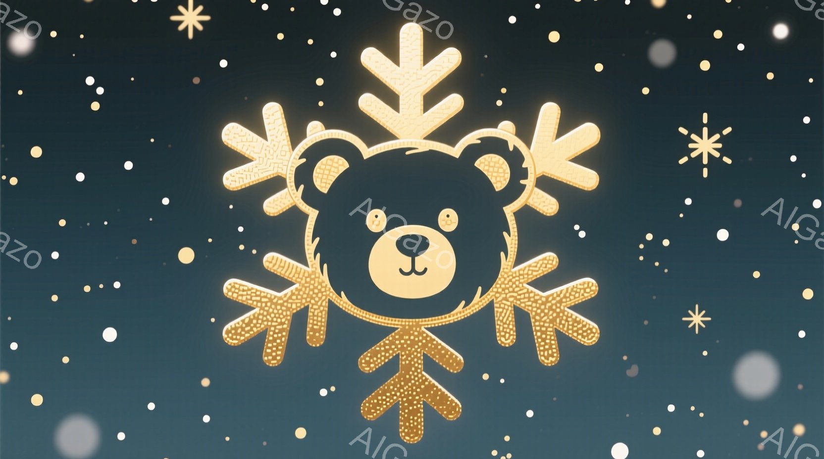濃い藍色の背景に、金色の雪の結晶が描かれており、その中心に黒いクマの顔が配置されています。クマは丸いシルエットで、つぶらな瞳と小さな鼻が可愛らしい表情を作り出しています。背景には大小様々な白い光の粒子 - AI生成フリー素材