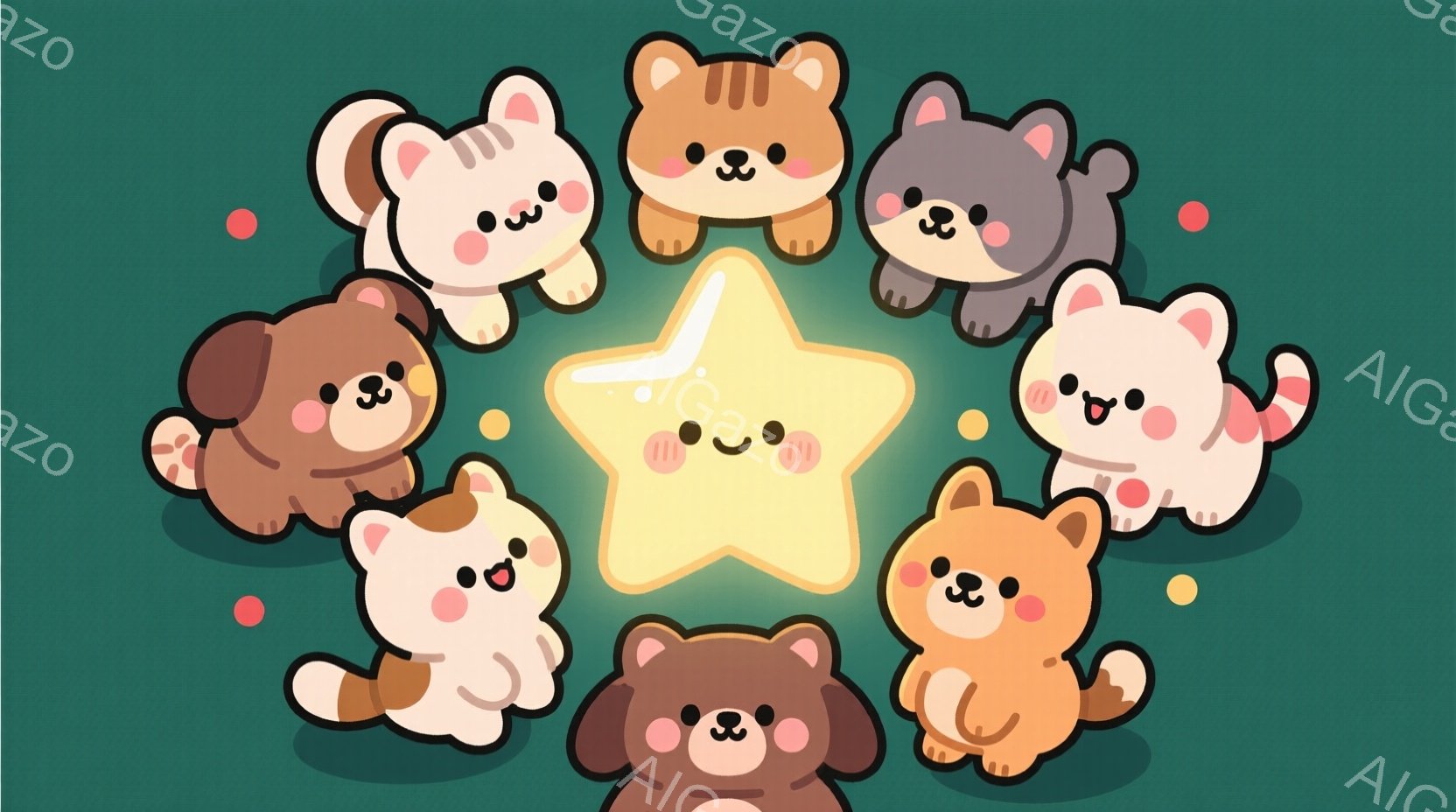 明るい緑色の背景に、様々な種類の可愛らしい動物たちが円を描いて集まっています。動物たちは皆、丸みを帯びた体型で、短い手足と大きな瞳を持っています。中央には輝く笑顔の星があり、動物たちは星を見つめているような、または星に包まれているような雰囲気です。