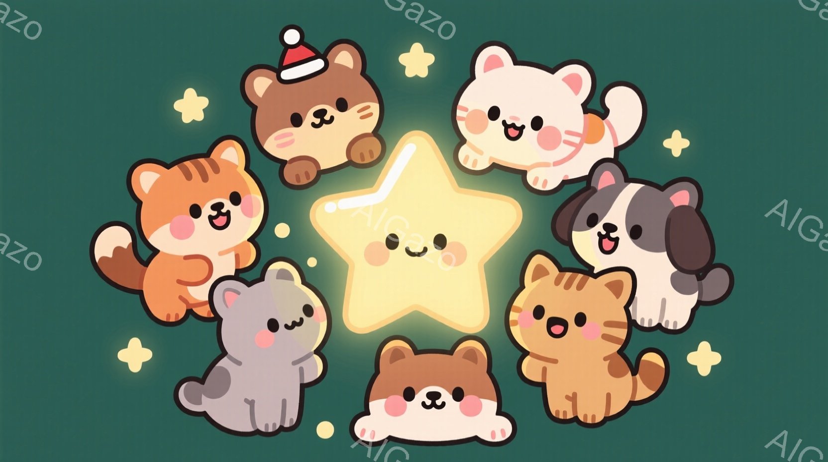 明るい黄色の背景に、様々な色の猫たちが円を描いて集まっています。一部の猫は帽子をかぶっており、皆笑顔で可愛らしい表情をしています。中心には光り輝く笑顔の星があり、全体的に暖かく、楽しげな雰囲気が漂っています。