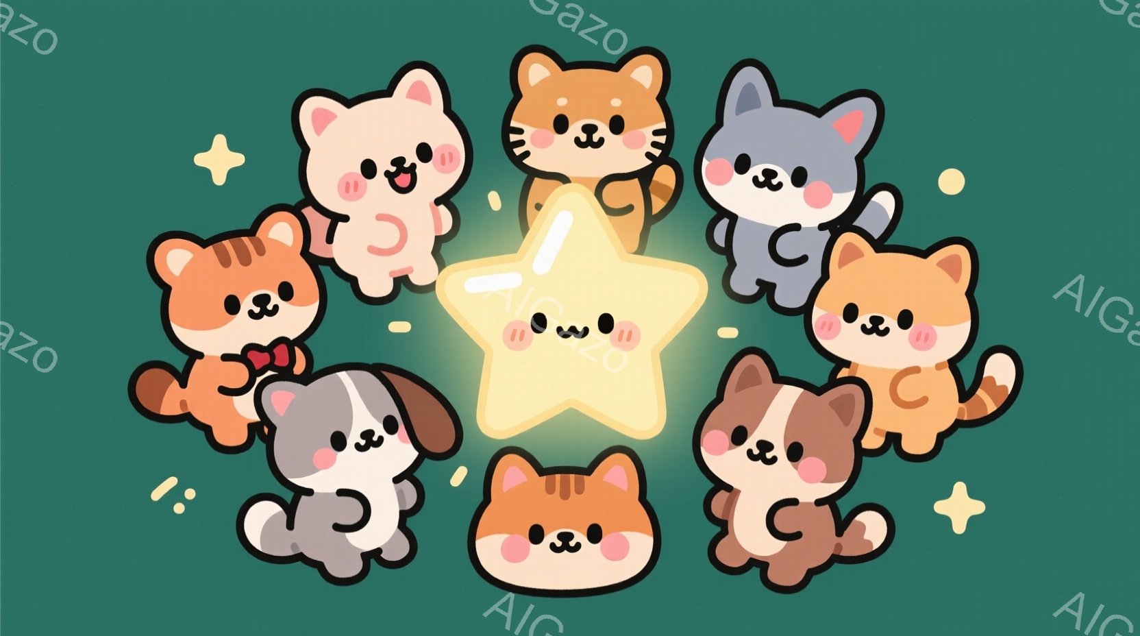 明るい緑色の背景に、様々な色の猫たちが星型の光輪の周りを囲んでいます。猫たちは皆、可愛らしい表情で、ピンク色のリボンをつけており、活発に飛び跳ねるようなポーズをとっています。星型は黄色く輝き、全体的に - AI生成フリー素材