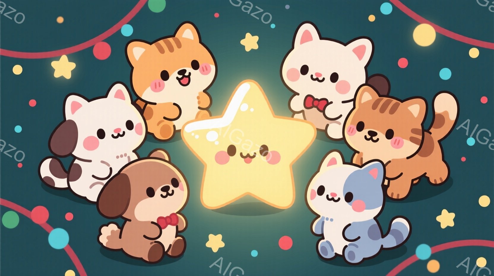 明るい黄色い星を中心に、様々な色の猫と犬たちが集まっています。それぞれの動物は赤いリボンで装飾され、笑顔で星を見上げています。背景は暗い緑色で、色とりどりの星や光の粒子が散りばめられ、温かく幻想的な雰囲気を作り出しています。