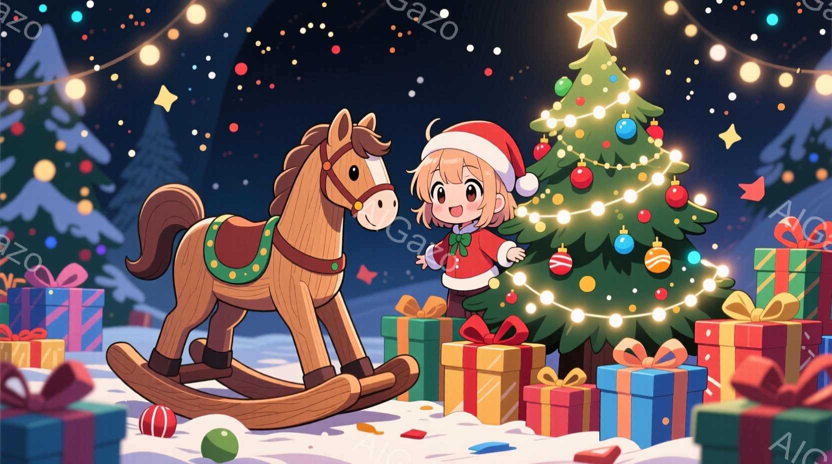 金髪の少女が赤いサンタの衣装を着て、クリスマスのツリーの前に立っています。彼女は笑顔で、片手を上げて喜びを表しています。背景には、プレゼントボックス、ロッキングホース、雪景色と光るクリスマスツリーがあ - AI生成フリー素材