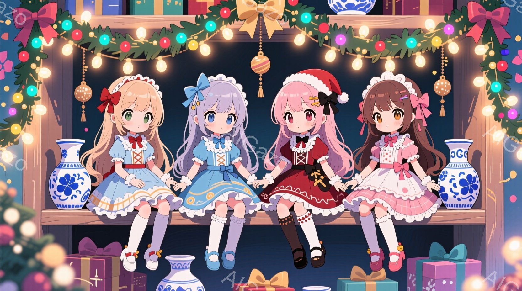 クリスマス装飾が施された棚の上に並んだ四人の少女が描かれています。それぞれ異なる色の可愛らしいドレスを身に着け、頭にはリボンや帽子が飾られ、明るい表情で座っています。背景にはプレゼントボックスや装飾品 - AI生成フリー素材