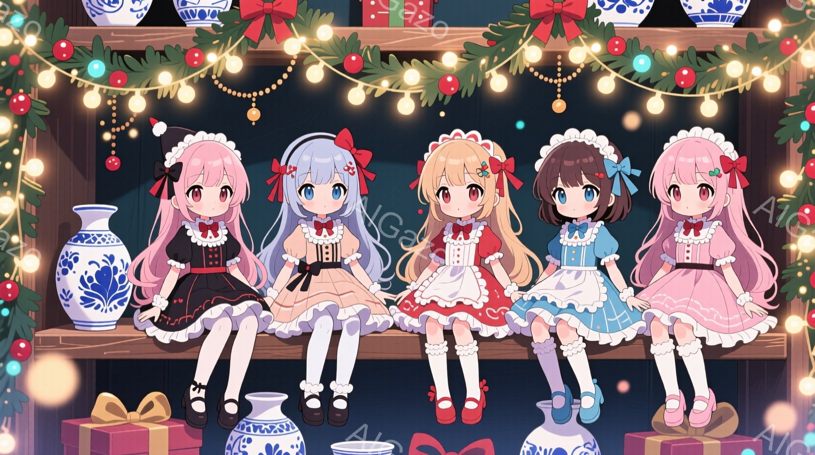 可愛らしい女の子たちが一列に並んで座っている様子が描かれています。彼女たちはそれぞれ異なる色のフリル付きドレスと、リボンやヘアピンで飾られた髪をしており、可愛らしい表情でこちらを見つめています。背景に - AI生成フリー素材