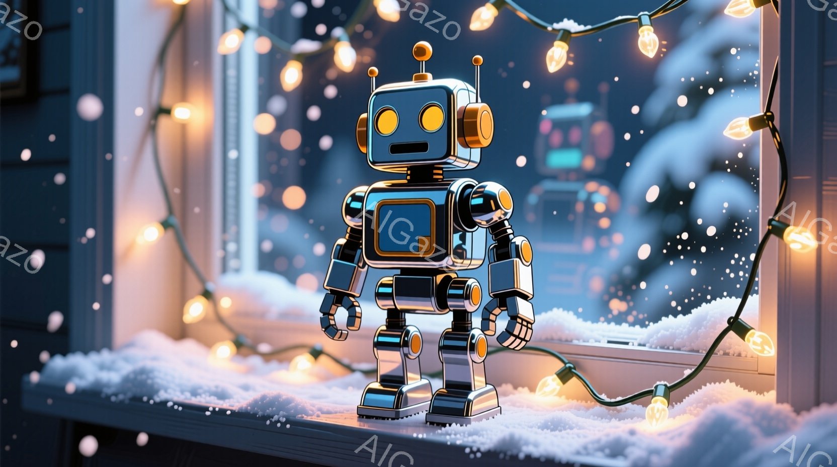 窓枠に銀色のロボットが立っており、頭部には青いディスプレイが組み込まれ、目は明るいオレンジ色です。背景には雪が降り積もり、ぼやけた建物と木々が見え、温かい光のイルミネーションがロボットの周りを彩っています。全体的に、冬の穏やかで幻想的な雰囲気が漂っています。