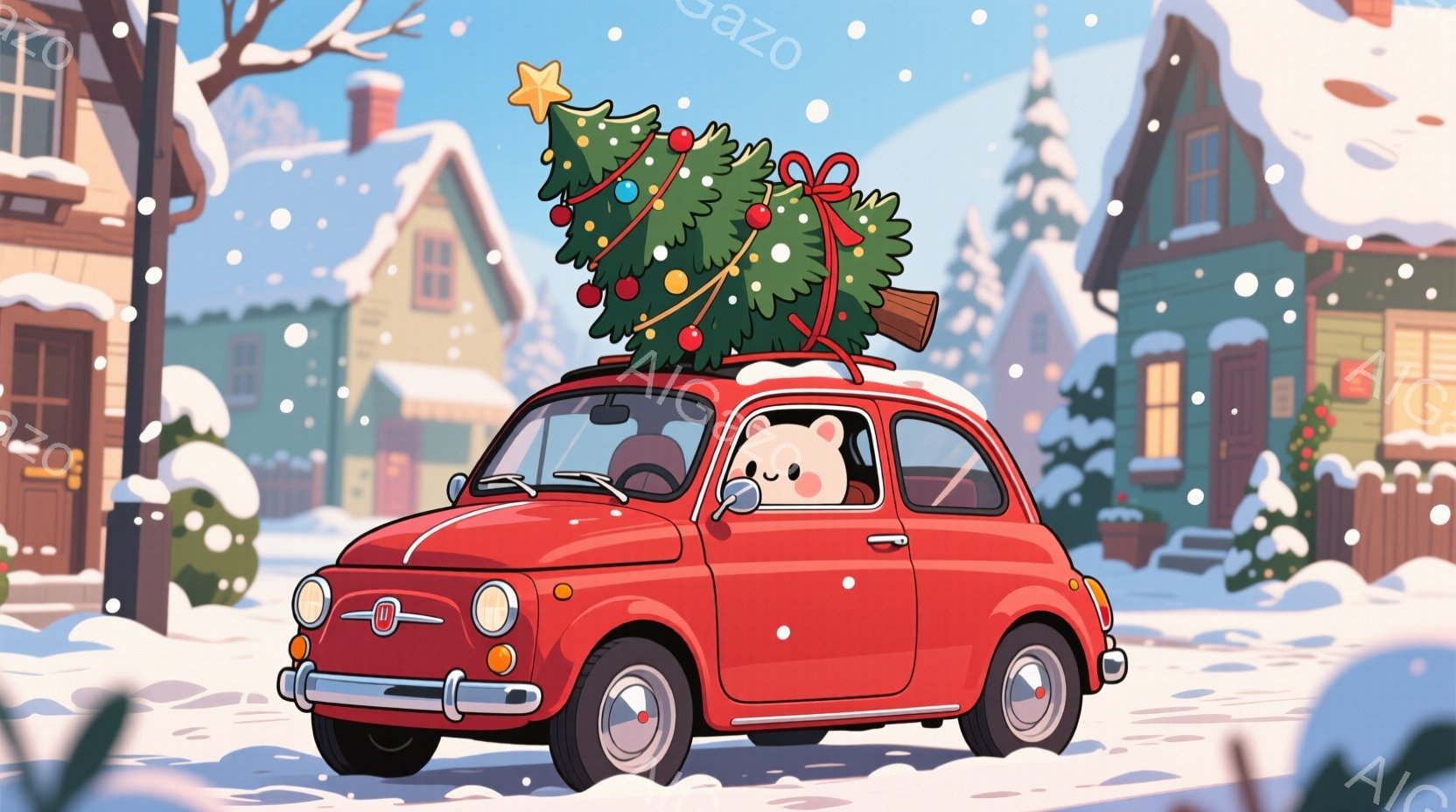 赤い小さな車が雪景色の中を走っており、屋根には大きなクリスマスツリーが固定されています。運転席には白い動物（おそらく犬かウサギ）が座っており、嬉しそうな表情をしています。背景には雪を頂いたかわいらしい家々が並び、全体的に温かく、お祭り気分に満ちた雰囲気です。