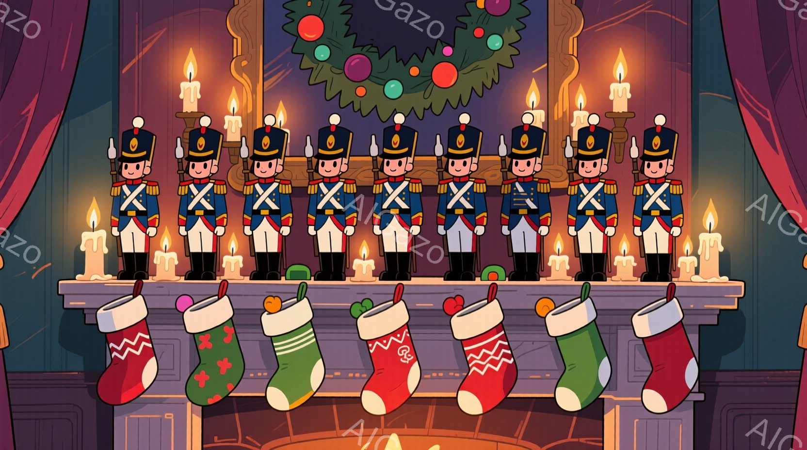 暖炉の上に兵隊の置物が一列に並び、その下にはカラフルなクリスマスストッキングが飾られています。兵隊たちは赤い制服、黒いブーツ、高い帽子を被り、真剣な表情でまっすぐ前を見つめています。背景には緑の飾りと - AI生成フリー素材