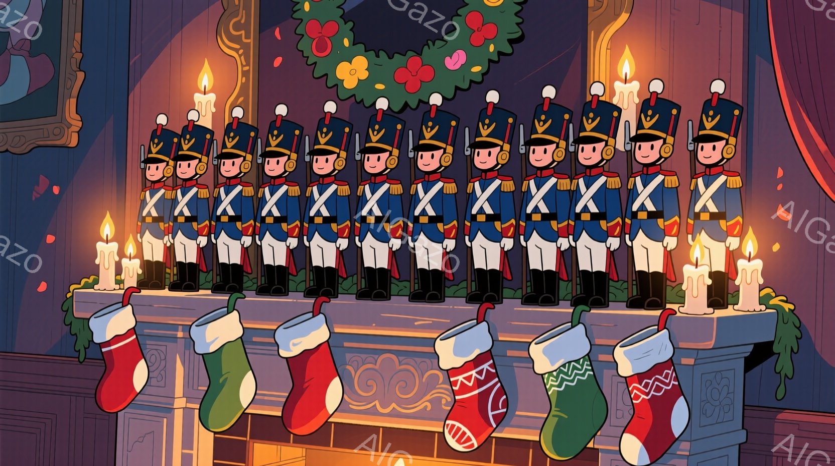 クリスマス時期の暖炉の上に、兵隊の人形が整然と並べられています。赤、緑、オレンジ、白のストライプが入ったカラフルなクリスマスソックスが暖炉の前に並び、人形の足元を彩っています。背景には赤いベルベットのカーテンと、緑色の葉と赤い実で飾られたクリスマスリースが見られ、温かくお祝いムードに満ちています。