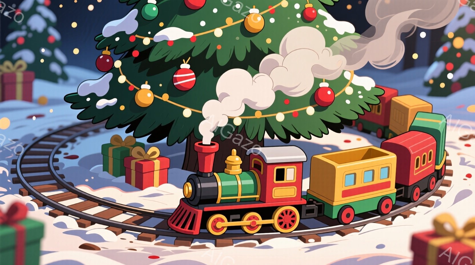 緑と赤のカラフルな列車が、雪景色の中でクリスマスツリーの周りを走っています。プレゼントボックスが雪の中に置かれ、ツリーにはカラフルなオーナメントが飾られています。全体的に、暖かく、お祝いの雰囲気で、冬 - AI生成フリー素材