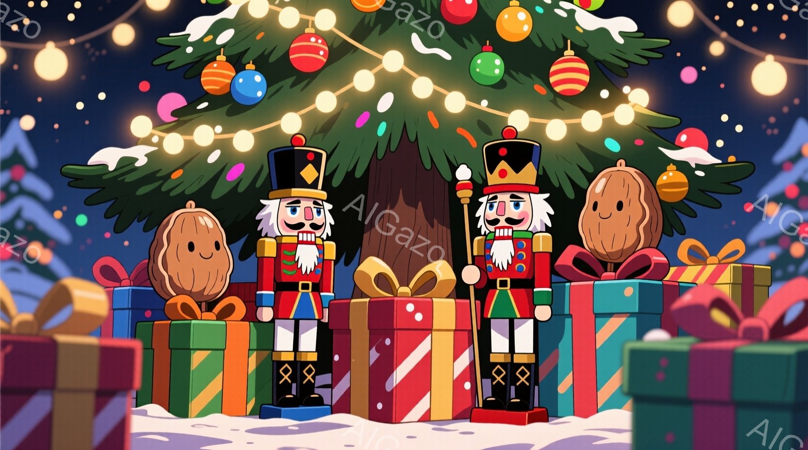 クリスマスツリーの前に、兵隊のフィギュアとクルミがプレゼントの山の上に立っているイラストです。兵隊のフィギュアは赤いジャケット、黒いズボン、白いブーツを着用し、顔は真剣な表情で、クルミは可愛らしい笑顔 - AI生成フリー素材