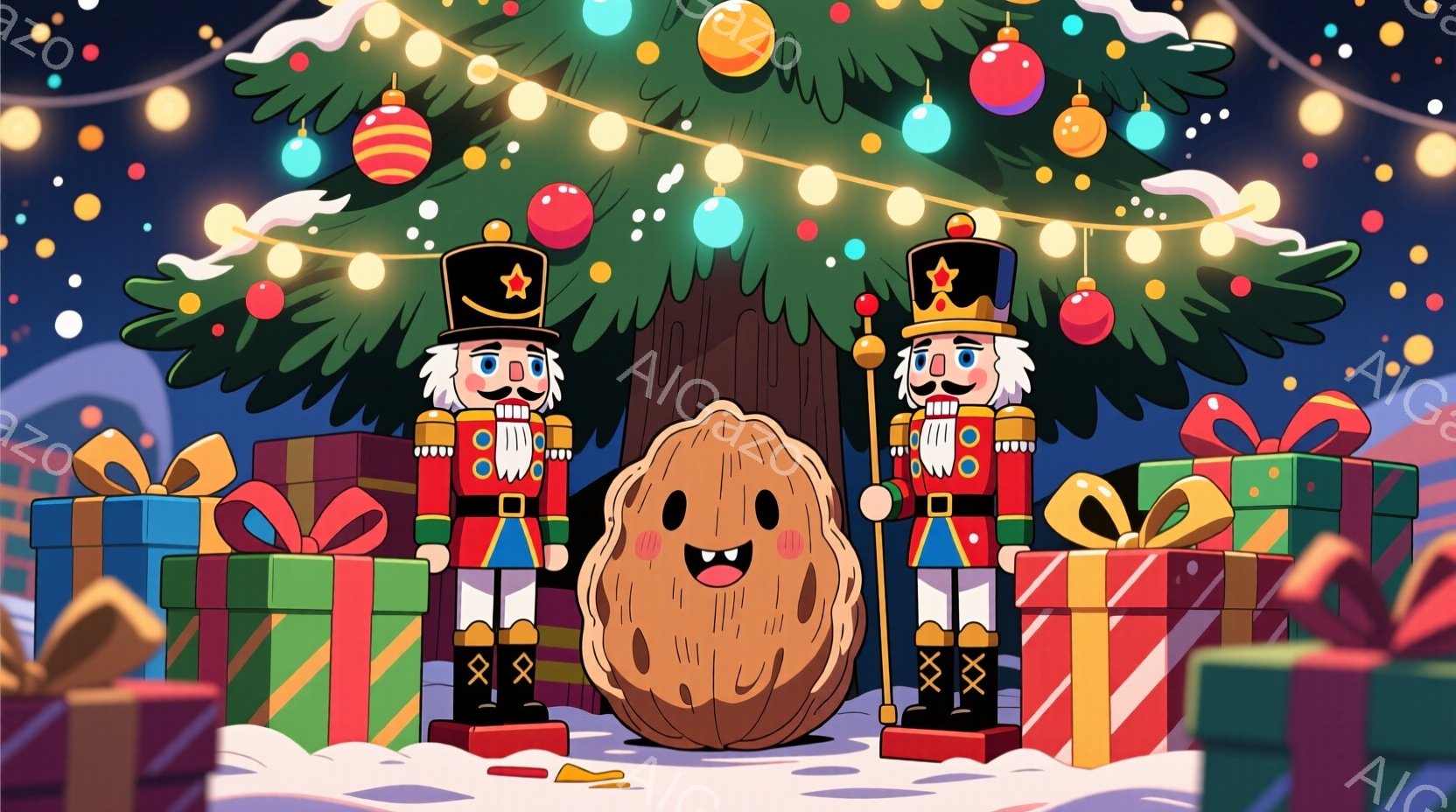 クリスマスツリーを背景に、兵隊の様な格好をした2体の木製の人形と、クルミが描かれています。クルミは笑顔で、2体の人形に挟まれて立っています。背景にはプレゼントが積み上げられ、雪が舞う冬の暖かい雰囲気が表現されています。