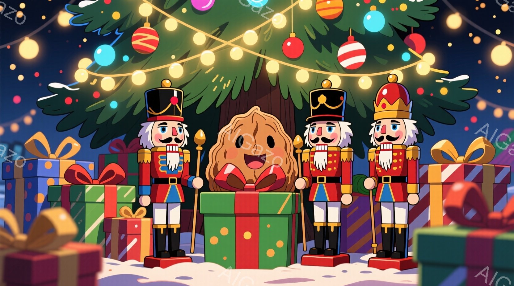 クリスマスツリーを背景に、兵隊の格好をした木の人形が二体と、真ん中に可愛らしい茶色のキャラクターが並んでいます。兵隊の人形は赤いジャケット、黒いズボン、高い帽子をかぶり、真剣な表情をしています。下には - AI生成フリー素材