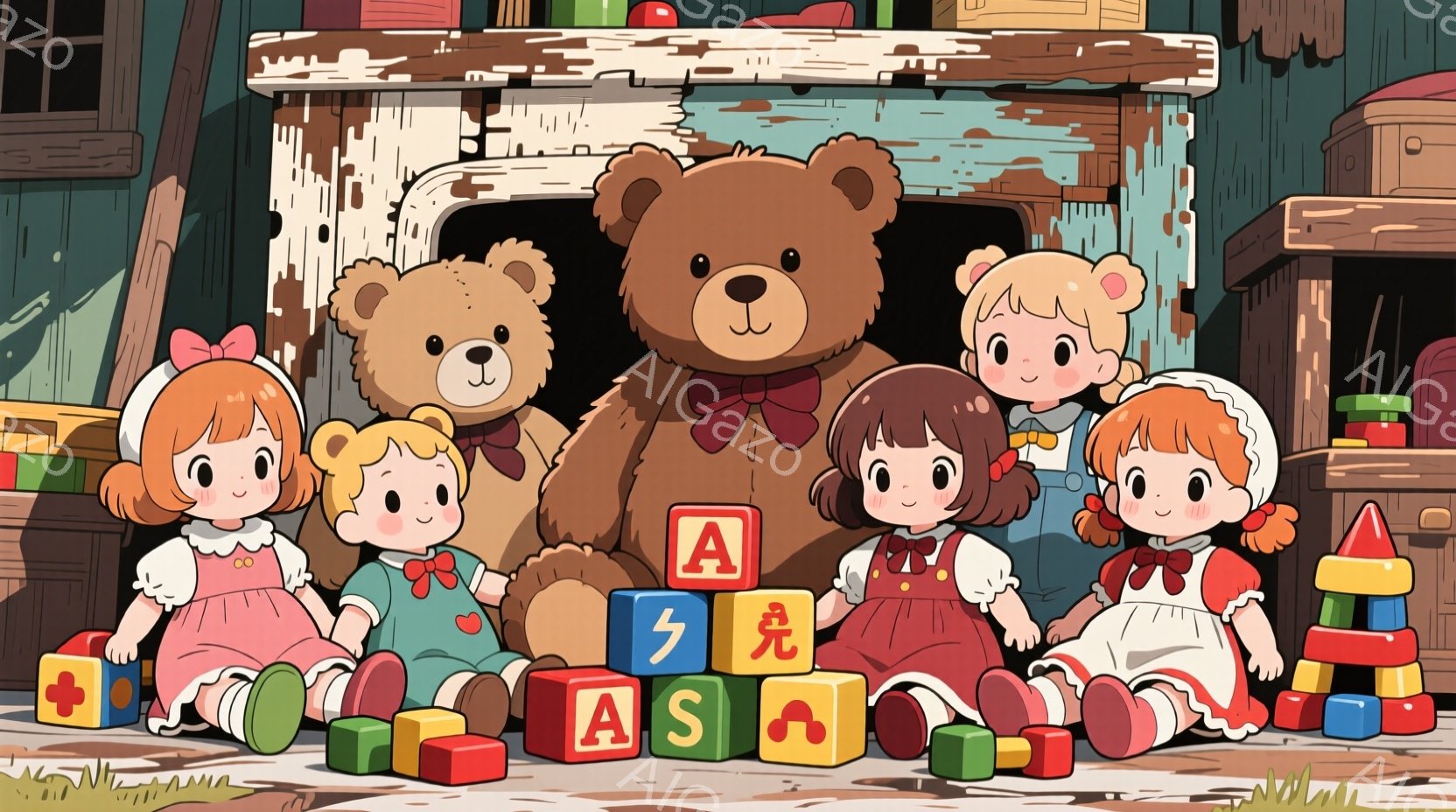 可愛らしい人形たちが、大きなテディベアを中心に座って並んでいます。赤いワンピースを着た人形たちは、茶色や黒の髪に結び目をつけており、明るい笑顔を見せています。背景には、カラフルな積み木や木製の床があり - AI生成フリー素材