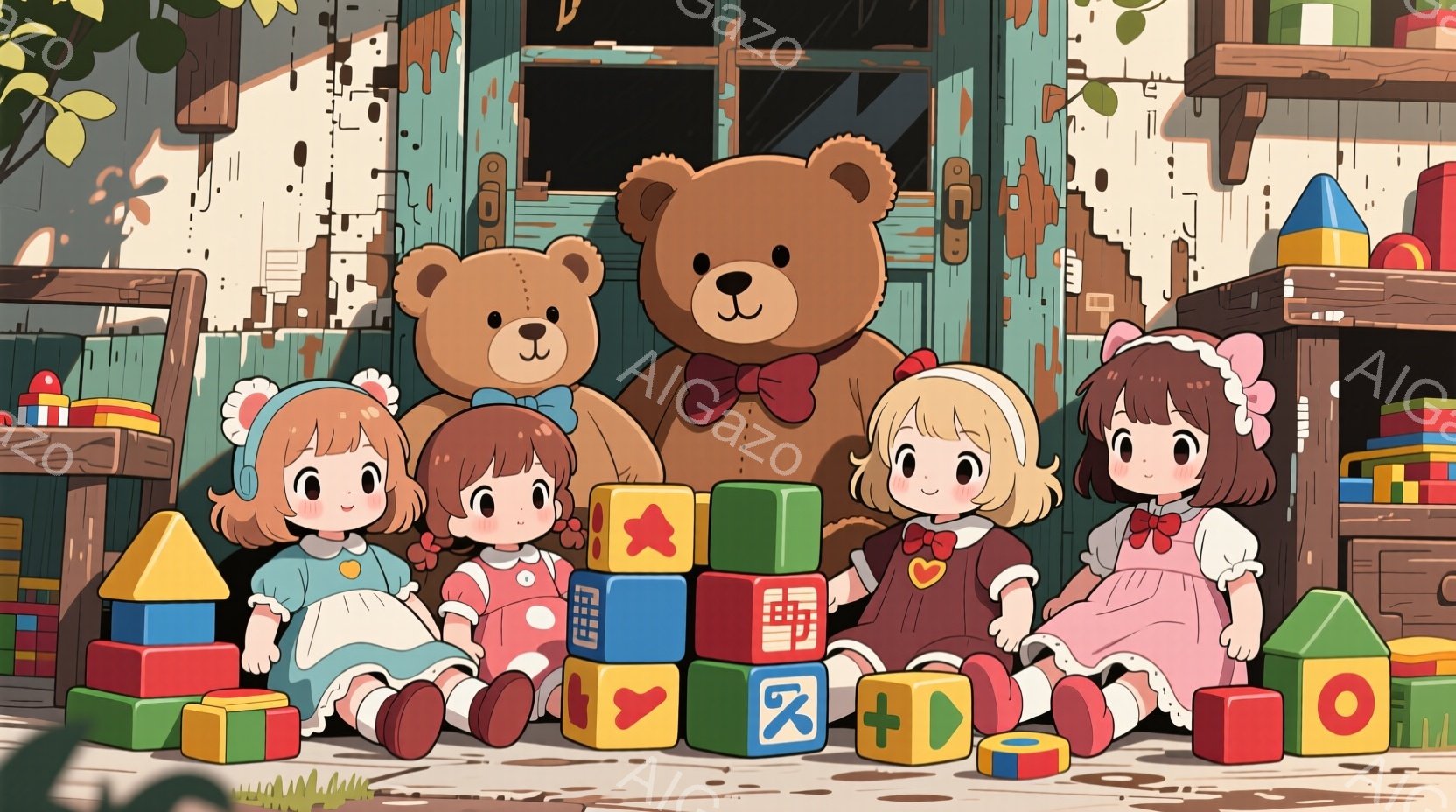 積み木に囲まれた幼い少女たちが座っています。それぞれピンク、水色、赤の可愛らしいワンピースを着ており、髪型は茶色でカールがかかっています。背景には古びた建物と積み木が積み上げられた棚があり、全体的に懐かしい雰囲気です。