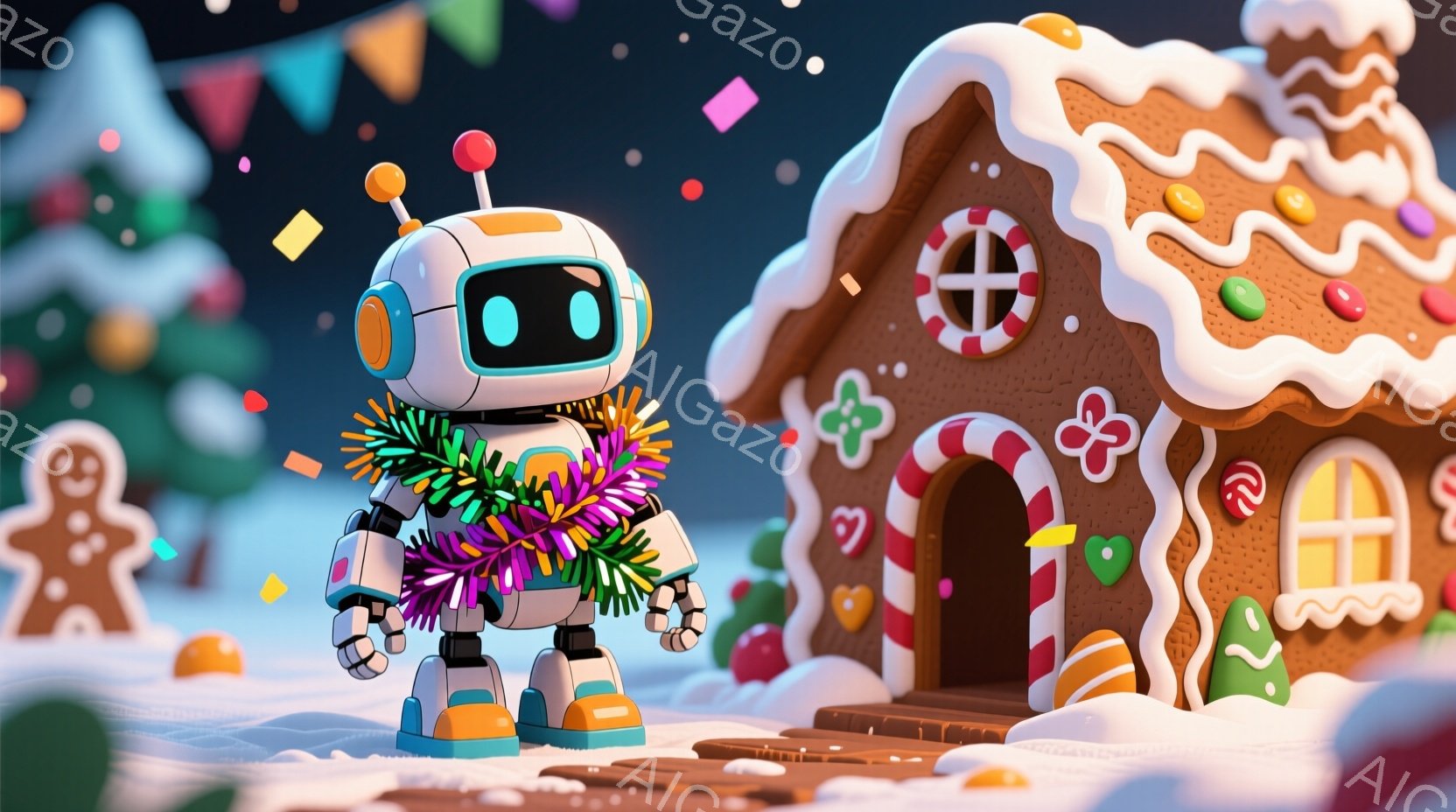 白いロボットがクリスマスリースを抱え、雪景色の中に立っています。背景にはジンジャーブレッドハウスと、雪に覆われた針葉樹、そしてカラフルな紙吹雪が舞い散る様子が見られます。全体的に暖かく、遊び心のあるクリスマスの雰囲気が漂っています。