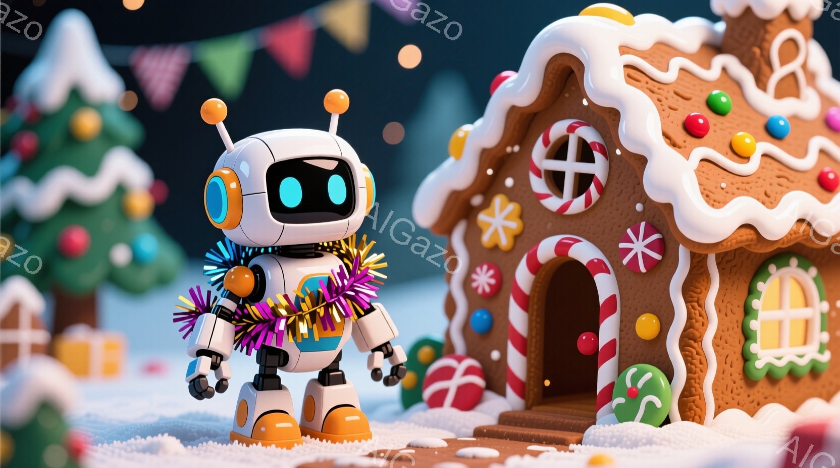 白いロボットがジンジャーブレッドハウスの前に立っており、虹色の飾り付けを首に巻いています。雪が降る冬の背景には、カラフルなキャンディケーンや、クリスマスツリーが見えます。全体的に、陽気で祝祭的な雰囲気が漂っています。