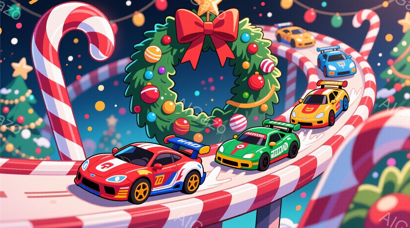カラフルなキャンディケーンの道路を、レーシングカーが競い合っている様子が描かれています。背景には、オーナメントで飾られたクリスマスツリーが配置され、雪が舞う冬の夜空が広がっています。全体的に、陽気で楽しいホリデーシーズンを表現したイラストです。