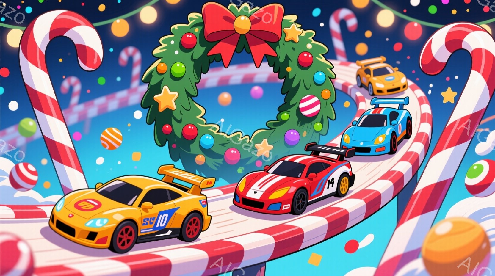 キャンディケーンのようなストライプのコースを走る、カラフルなレーシングカーを描いています。背景にはクリスマスツリーと雪景色が広がり、全体的に陽気で楽しいお祭りの雰囲気です。レーシングカーはそれぞれ異なる色とナンバーが描かれており、競争と喜びを表現しています。