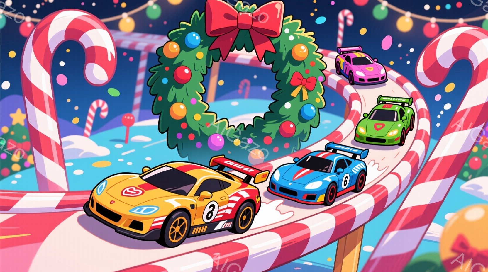 キャンディケーンのようなストライプ模様のコースを走る3台のレーシングカーを描いています。背景にはクリスマスリースがあり、雪が降っているような雰囲気で、全体的に祝祭的で楽しいムードが漂っています。車はそれぞれ異なる色で、コースは明るくカラフルな色調で描かれています。